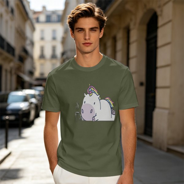 Olive green t-shirt with a chubby unicorn holding a steaming coffee cup