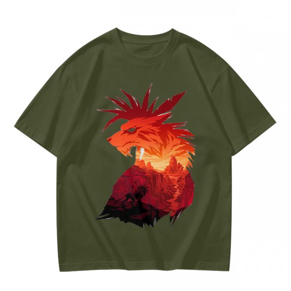 Olive T-Shirt With Fiery Lion Creature Graphic Print