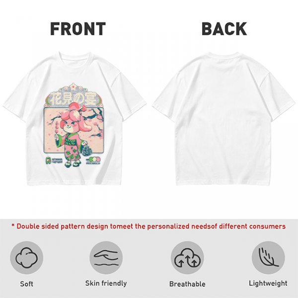 Olive green t-shirt with cherry blossom festival dog character print