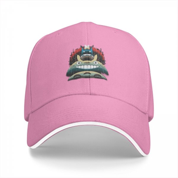 Black baseball cap with stacked Totoro characters in rainy scene
