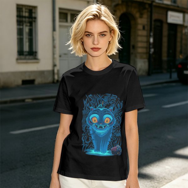 Olive T-shirt with Glowing Blue Cheshire Cat Graphic