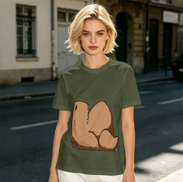 Olive Green T-Shirt With Capybara Rear View Graphic