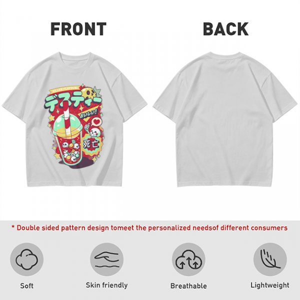 Olive t-shirt with spooky skull bubble tea graphic and Japanese text