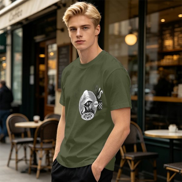 Olive Green T-Shirt With Wizard And Pizza Graphic Print