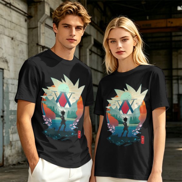 Hunter x Hunter Anime Graphic Tee with Sunset Landscape Art