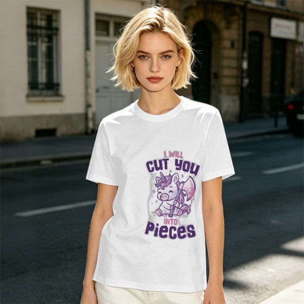 Olive t-shirt with a cute unicorn holding an axe and the text I will cut you into pieces