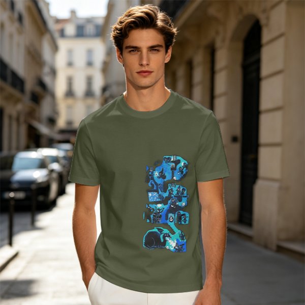 Olive Green T-Shirt with Blue Abstract Graphic Print