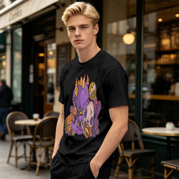 Olive T-Shirt with Cute Sleeping Purple Dragon and Treasure Artwork
