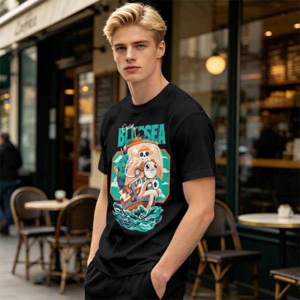 Olive T-Shirt with Cartoon Pirate Ship Blue Sea Cruise Print