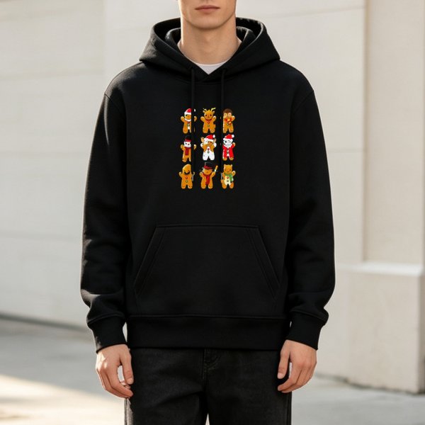 Black Hoodie With Cute Christmas Gingerbread Characters Print