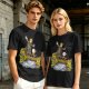 Olive T-shirt with fantasy characters balancing on a log over a stream