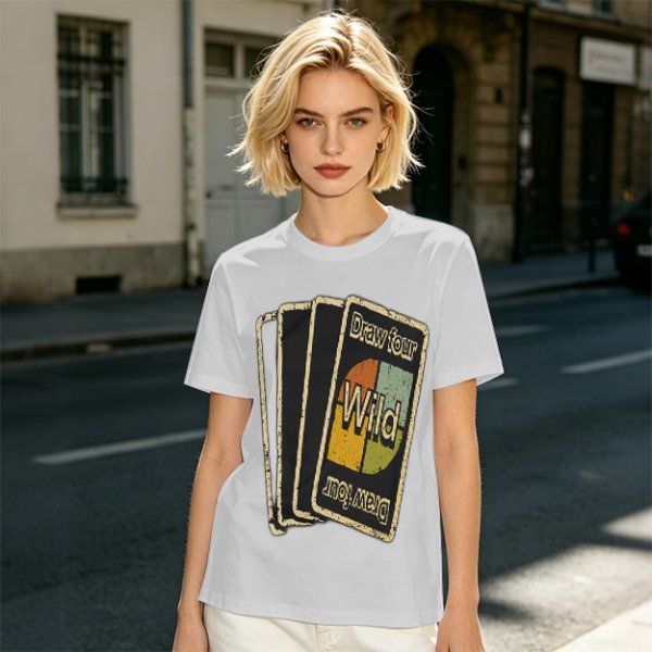 Olive T-Shirt with Retro Uno Wild Draw Four Card Graphic