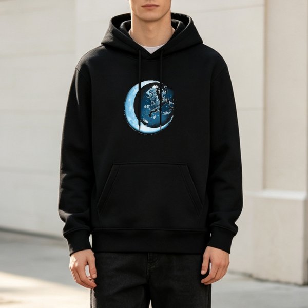 Black Hoodie With Crescent Moon And Celestial Rider Graphic
