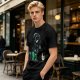 Olive T-shirt with cartoon dinosaur in Darth Vader helmet and chicken print