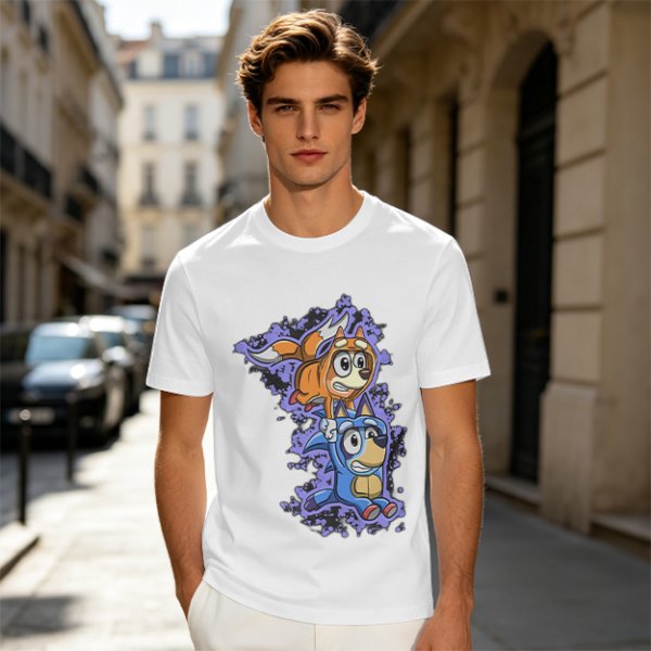 Olive green t-shirt with cartoon characters in cosplay graphic