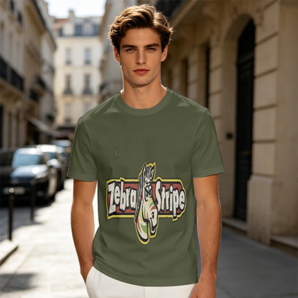 Olive green graphic t-shirt with zebra stripe design