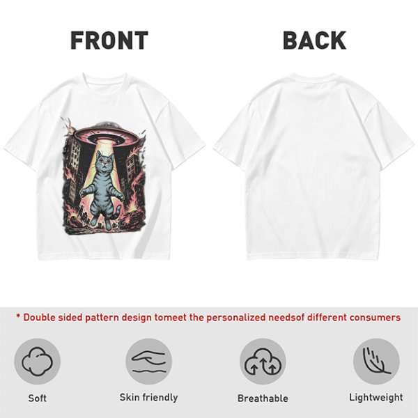 Olive T-Shirt with UFO Abducting Cat Over Burning City