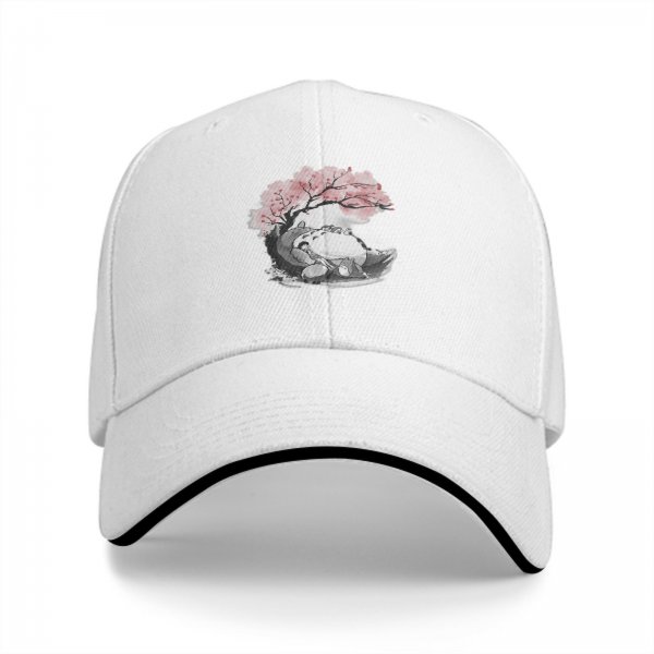 Black baseball cap with Totoro under cherry blossom tree print