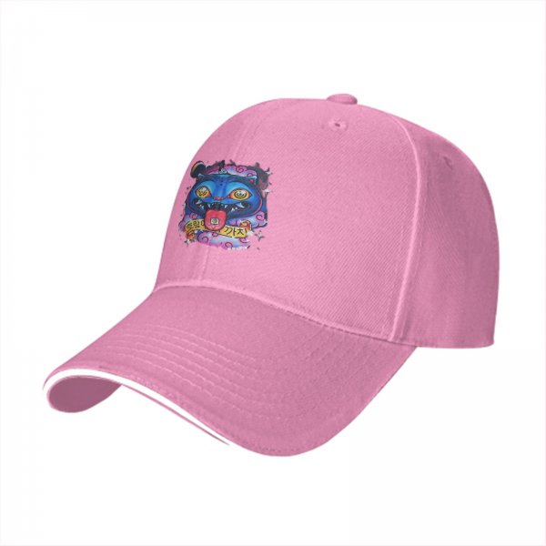 Black baseball cap with psychedelic blue cat graphic design