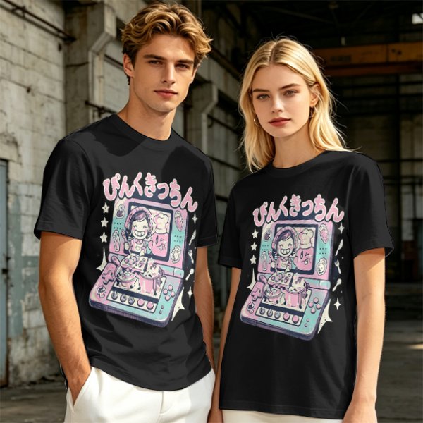 Olive green graphic t-shirt with cute handheld game kitchen art