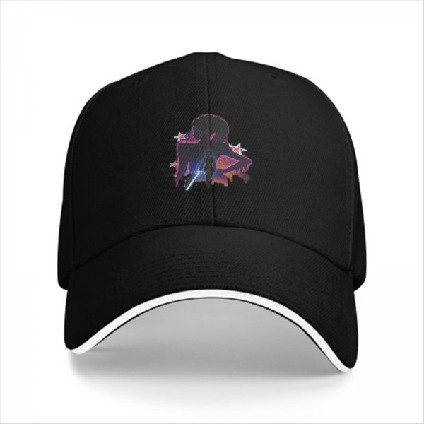 Black baseball cap with anime silhouette and star graphic design