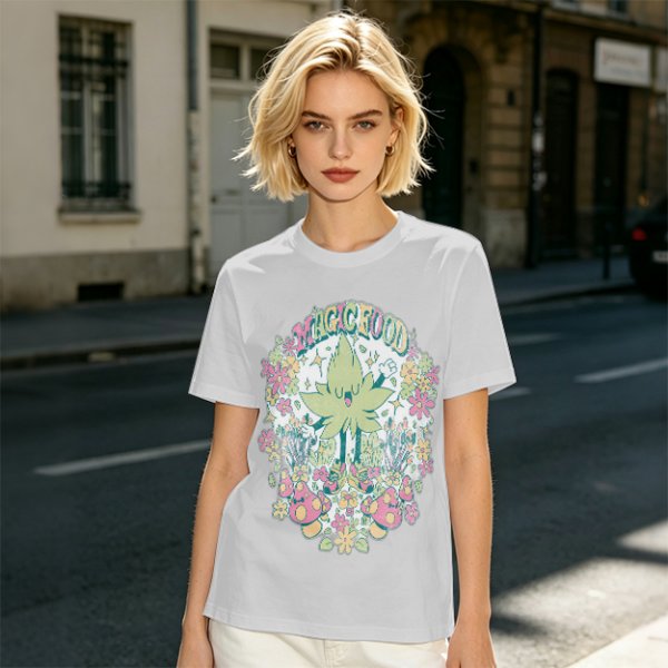 Olive Green Graphic T-Shirt With Whimsical Plant Creature And Floral Print