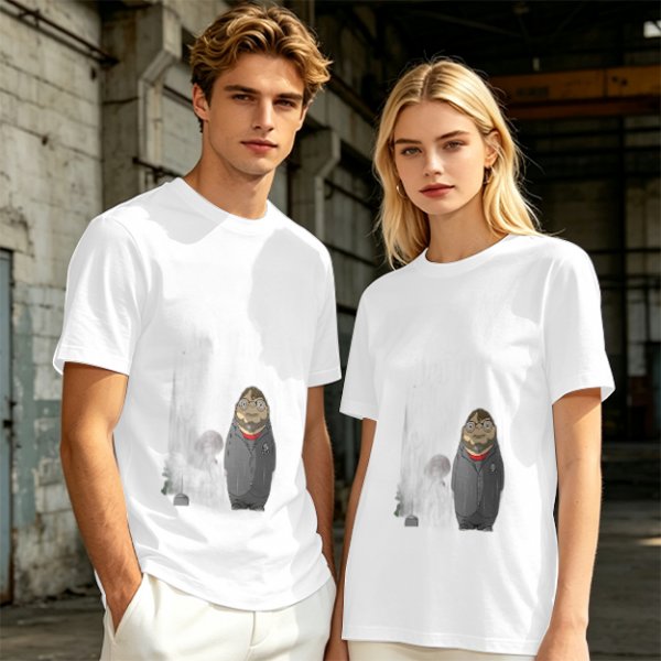 Olive Green T-Shirt With Chibi Bearded Man In Suit Graphic