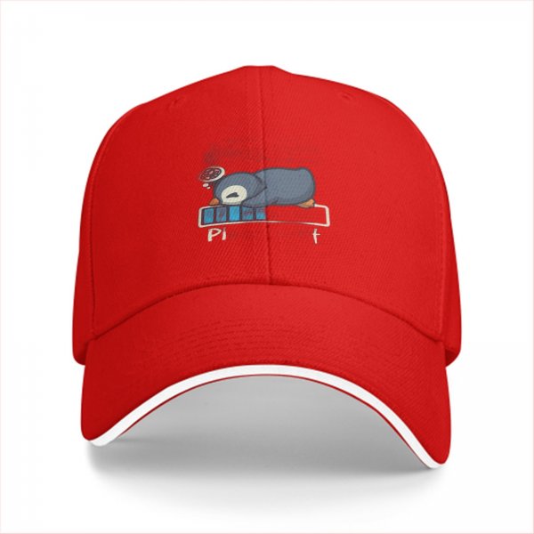 Black baseball cap with sleepy penguin low battery graphic