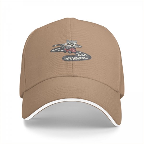 Black baseball cap with raccoon driving car and bad decisions print