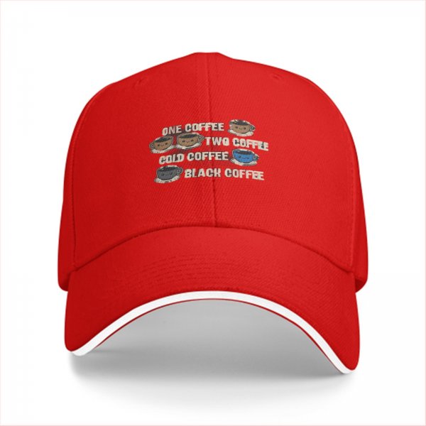 Black baseball cap with coffee themed text and cute cup illustrations