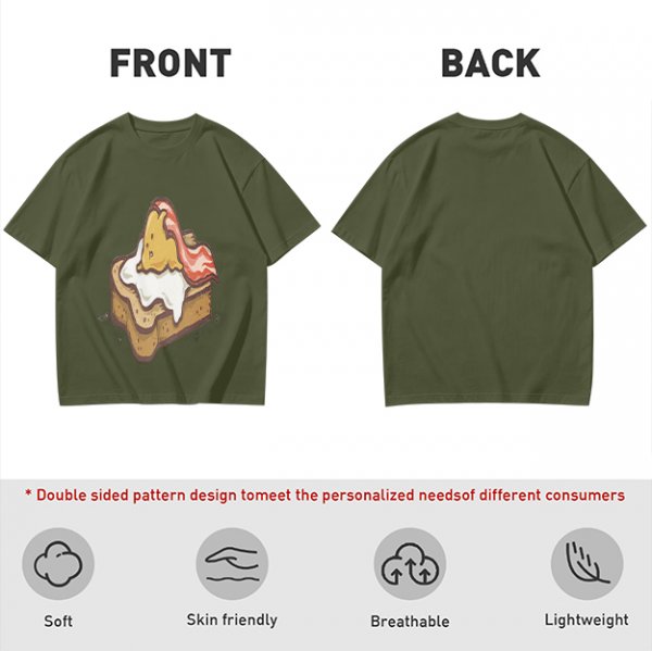 Olive T-Shirt With Cute Lazy Egg On Toast And Bacon Print