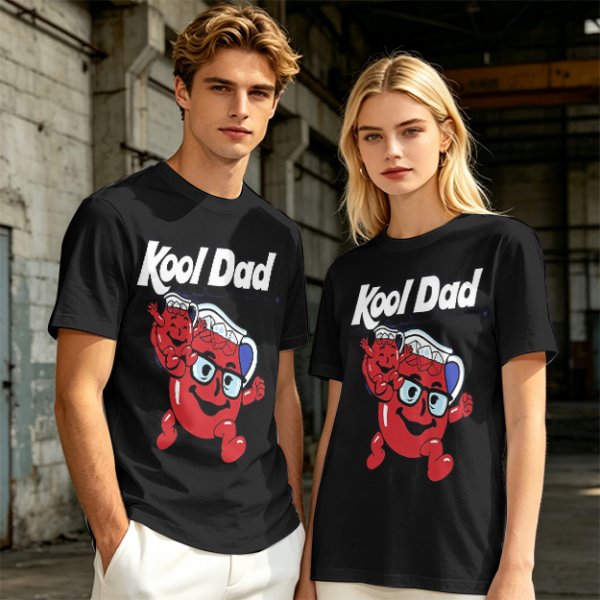 Olive green graphic t-shirt with Kool Dad and Kool-Aid mascot print