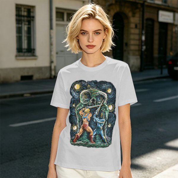 Olive T-shirt with Starry Night Style He-Man vs Skeletor Art
