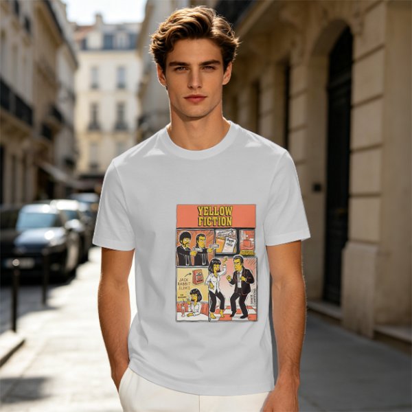 Olive green t-shirt with Yellow Fiction Simpson-style Pulp Fiction dance print