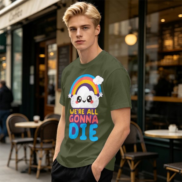 Olive T-Shirt With Cute Cloud Rainbow Graphic And 'We're All Gonna Die' Text