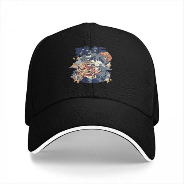Black Baseball Cap With Ramen Raccoon Graphic Print