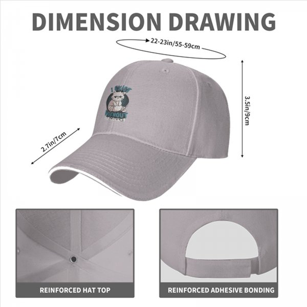 Black baseball cap with 'I Exist Without My Consent' grumpy cat print