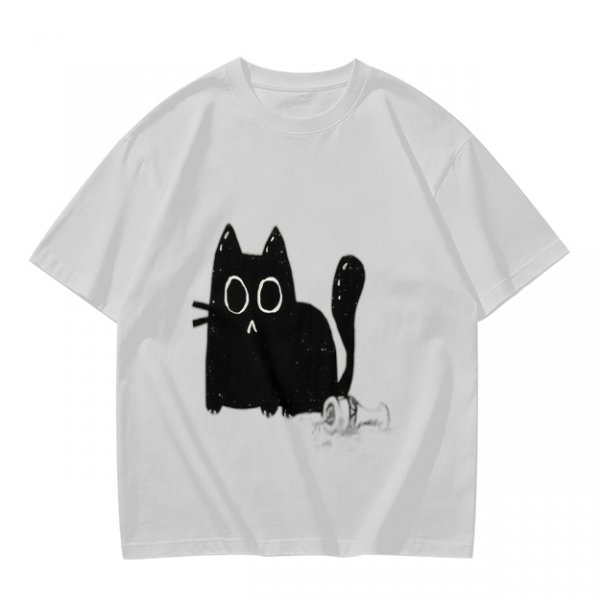 Oversized Army Green T-Shirt With Surprised Black Cat Graphic