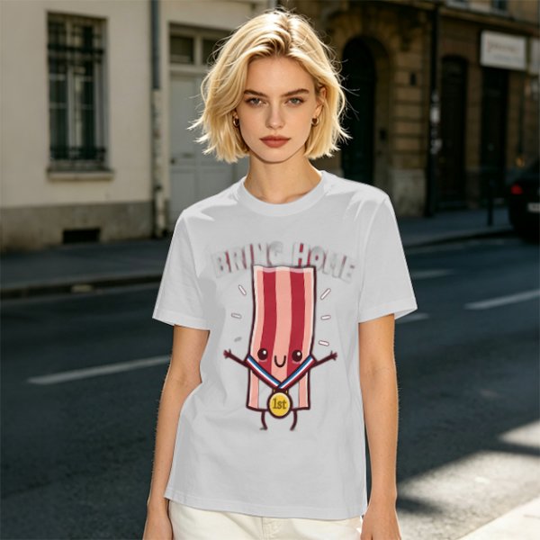 Olive T-Shirt With Cartoon Bacon Champion Medal Print