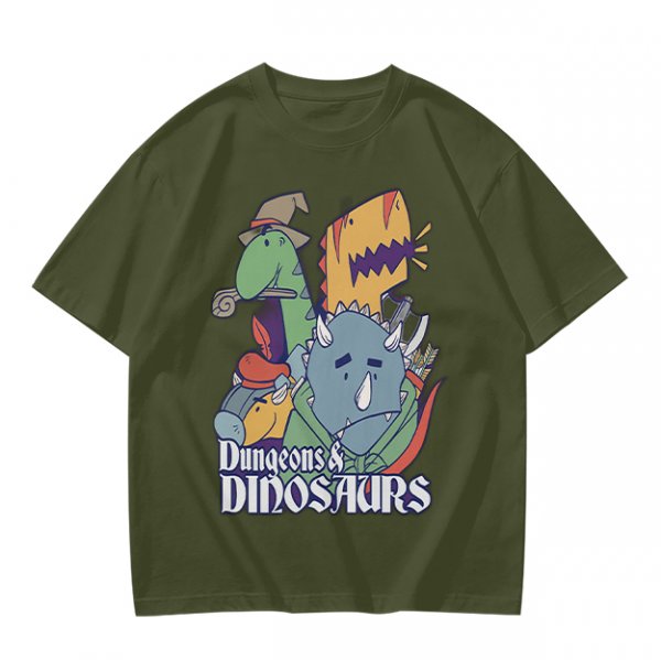 Olive Dungeons & Dinosaurs Graphic T-Shirt with Fantasy Dinosaur Art