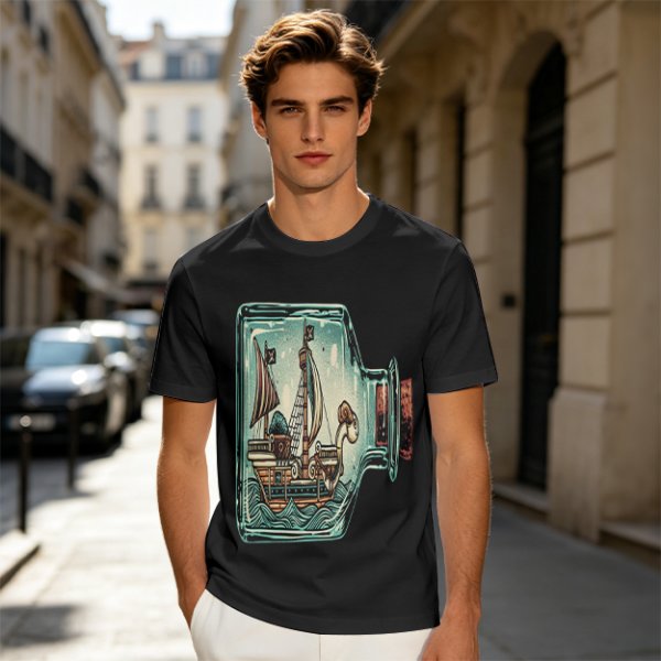 Olive T-Shirt With Pirate Ship In Glass Jar Artwork