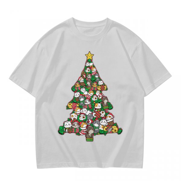 Olive T-Shirt With Cute Cat Christmas Tree Holiday Print
