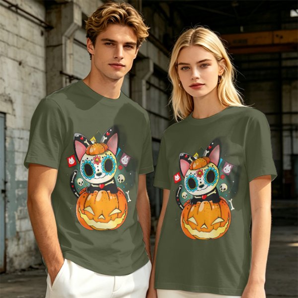 Olive t-shirt with sugar skull cat on jack-o'-lantern