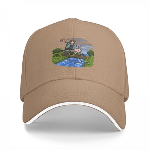 Black Baseball Cap With Cartoon Boys Crossing Stream Artwork
