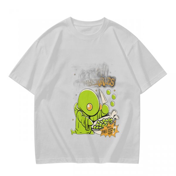 Olive Green T-Shirt With Cute Green Creature Preparing Peas Graphic