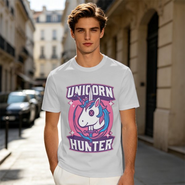 Unicorn Hunter Graphic Tee with Sword and Sparkle Design