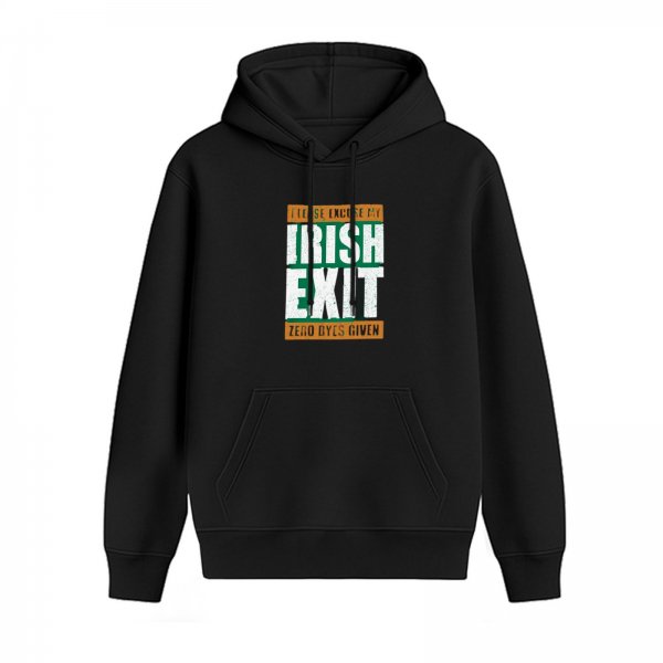 Black hoodie with 'Irish Exit Zero Eyes Given' graphic print