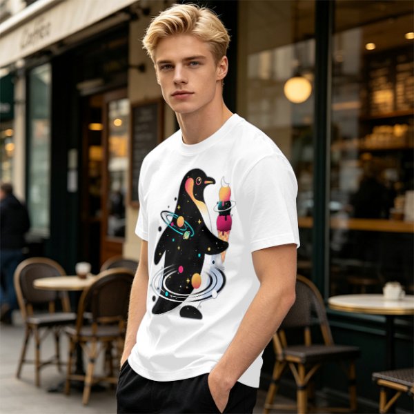 Olive T-Shirt With Cosmic Penguin And Ice Cream Print
