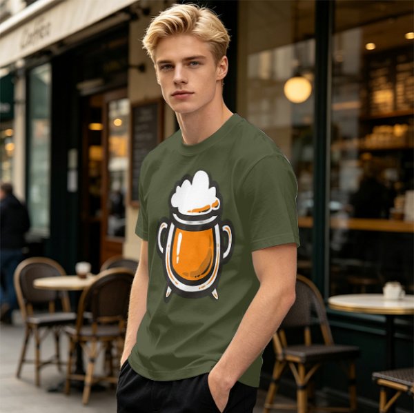 Olive Green T-Shirt With Stylized Beer Mug Graphic Print