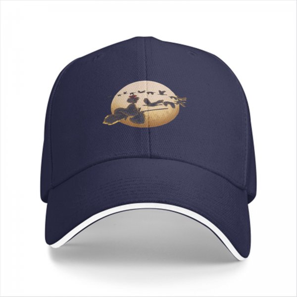 Black baseball cap with witch on broom silhouette against moon and birds